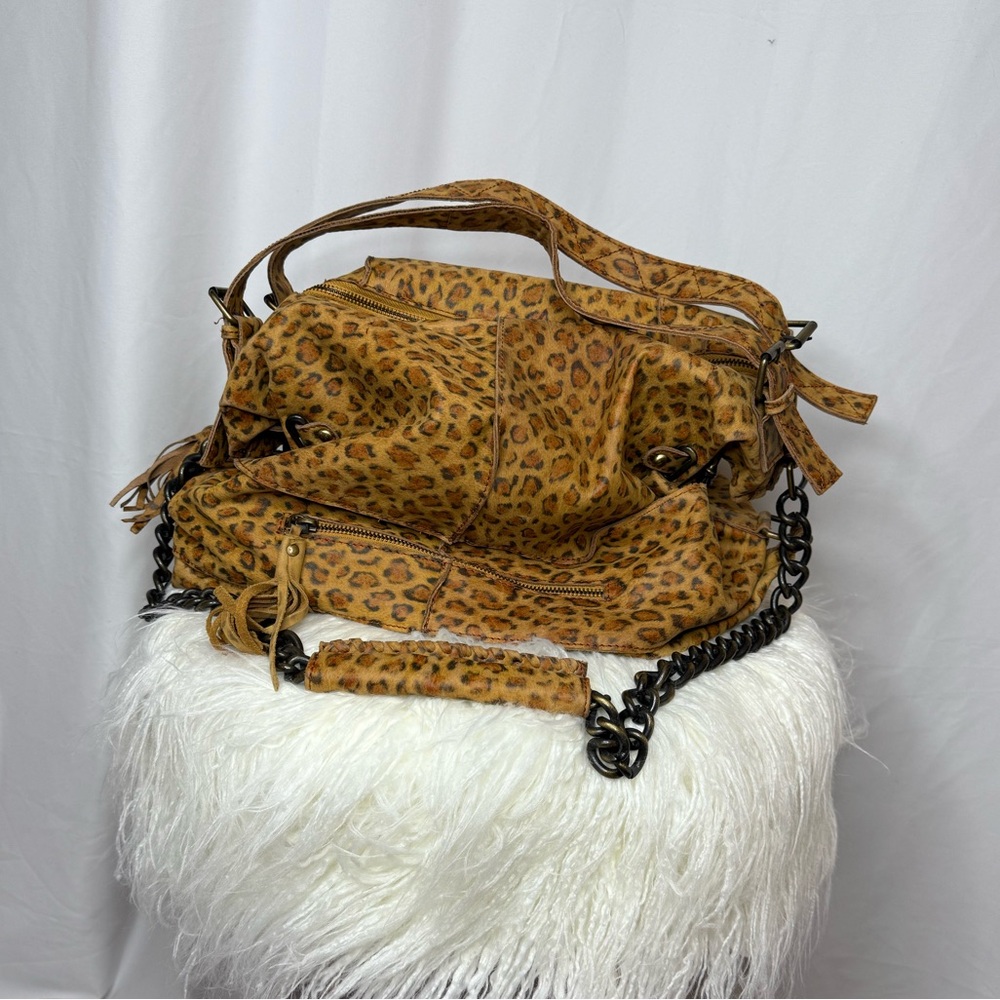 NWOT Vintage Leopard Print Leather Women's Bag with Chain Straps